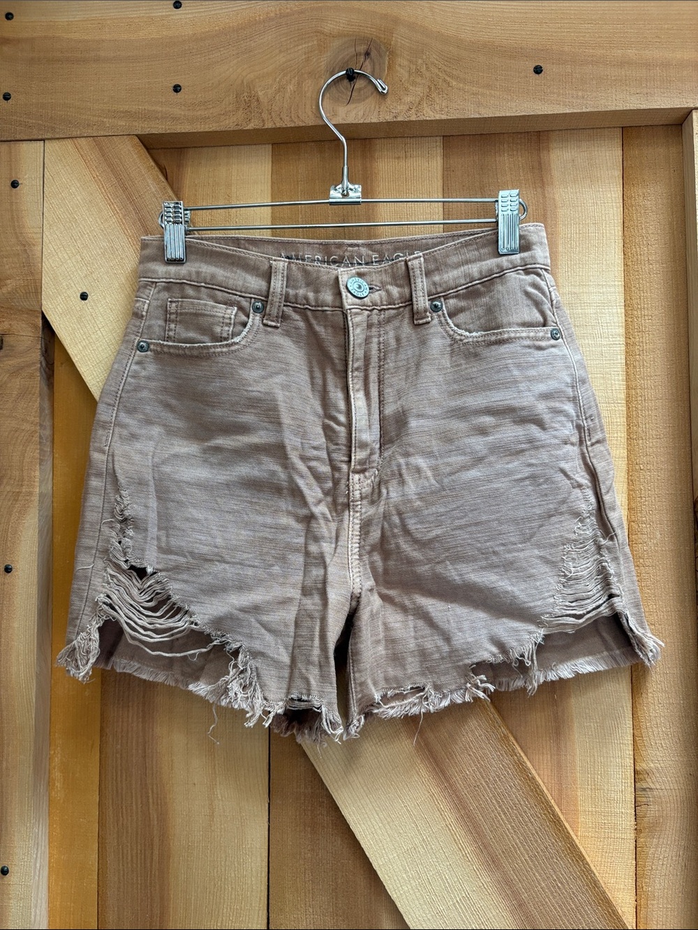 American Eagle Outfitters Distressed High-Rise Jean Shorts - Taupe Brown